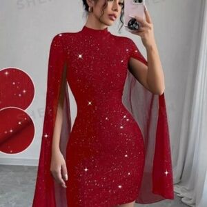 Women's Glitter Print Gorgeous Stand Collar Lantern Sleeve Bodycon Dress - RED